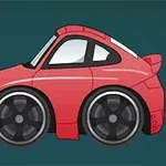 Mașină desenată în stil caricatural, de culoare roșie, pe un fundal albastru