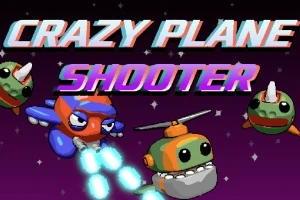 Textul Crazy Plane Shooter este plasat deasupra unor personaje animate și vehicule zburătoare pe un fundal spațial