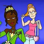 Două personaje animate, una purtând o rochie verde elegantă și una cu un top roz și geantă cu inimă, pe un fundal albastru