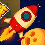Rachetă colorată zburând prin spațiu cu planete și stele pe fundal