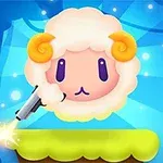 O ilustrație cu o oaie stilizată, încadrată într-un decor albastru, stând pe o platformă verde și ținând un pistol