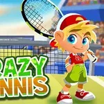 Un personaj animat îmbrăcat în echipament de tenis stă pe teren, cu o rachetă în mână, lângă textul Crazy Tennis