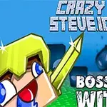 Personaj animat cu față pătrată și cască galbenă ținând o sabie, în fața unui fundal albastru cu textul Crazy Steve