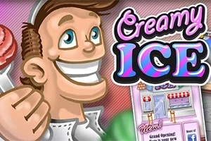 Personaj animat zâmbind, ținând o înghețată roz, cu textul Creamy Ice lângă el și ilustrații de reclame pentru un magazin în fundal