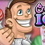 Personaj animat zâmbind, ținând o înghețată roz, cu textul Creamy Ice lângă el și ilustrații de reclame pentru un magazin în fundal