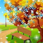 O bancă de lemn sub un copac cu frunze colorate și flori într-un peisaj de parc însorit