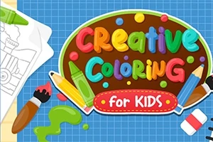 Text colorat „Creative Coloring for Kids” pe un fundal albastru cu un creion, pensulă și stropi de verde