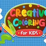 Text colorat „Creative Coloring for Kids” pe un fundal albastru cu un creion, pensulă și stropi de verde