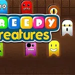 Creaturi colorate cu expresii diverse sunt dispuse în jurul textului „Creepy Creatures” pe un fundal maro