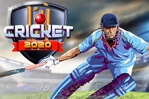 Un jucător de cricket în acțiune, purtând echipament albastru, pe un teren de joc, cu un logo stilizat al jocului în fundal