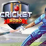 Un jucător de cricket în acțiune, purtând echipament albastru, pe un teren de joc, cu un logo stilizat al jocului în fundal