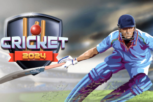 Un jucător de cricket în echipament albastru se pregătește să lovească mingea pe un teren, alături de un logo mare cu bătă de cricket și cuvântul Cricket 2024