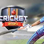 Un jucător de cricket în echipament albastru se pregătește să lovească mingea pe un teren, alături de un logo mare cu bătă de cricket și cuvântul Cricket 2024