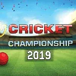 Trofeu de cricket auriu și minge roșie pe un teren cu textul „CRICKET CHAMPIONSHIP 2019” pe fundalul unui stadion
