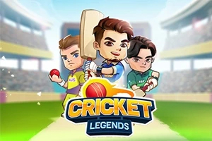 Trei personaje stilizate, jucători de cricket, pe un teren în interiorul unui stadion, cu un text decorativ Cricket Legends