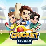 Trei personaje stilizate, jucători de cricket, pe un teren în interiorul unui stadion, cu un text decorativ Cricket Legends