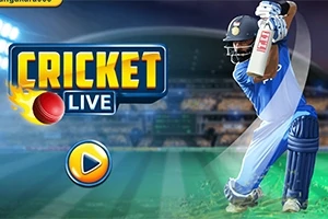 Jucător de cricket în echipament albastru pregătit să lovească mingea, în fundalul unui stadion luminat, cu textul „Cricket Live” și un buton de play vizibil