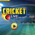 Jucător de cricket în echipament albastru pregătit să lovească mingea, în fundalul unui stadion luminat, cu textul „Cricket Live” și un buton de play vizibil
