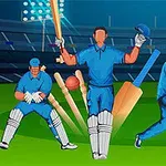 Trei jucători de cricket în uniformă albastră pe un stadion, unul dintre ei ținând o bâtă și o cască
