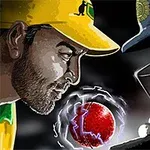 Două personaje se privesc intens, purtând căști de protecție de cricket, cu o minge de cricket electrificată între ele