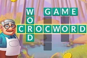 Bătrân zâmbitor cu șorț alb alături de cuvinte formate într-un puzzle de tip cruciș în pădure, cu litere colorate în verde și galben