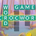 Bătrân zâmbitor cu șorț alb alături de cuvinte formate într-un puzzle de tip cruciș în pădure, cu litere colorate în verde și galben
