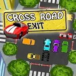 Imaginea prezintă o intersecție animată cu mai multe mașini colorate și un semn rutier pe care scrie Cross Road Exit, încadrată de clădiri și copaci