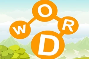 Fundal montan cu cer albastru și cuvântul WORD format din cercuri portocalii interconectate