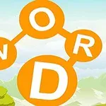 Fundal montan cu cer albastru și cuvântul WORD format din cercuri portocalii interconectate