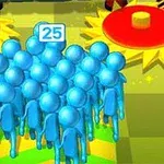 Un grup de figuri albastre, numerotate cu 25, înaintează pe un traseu cu obstacole rotunde roșii și galbene