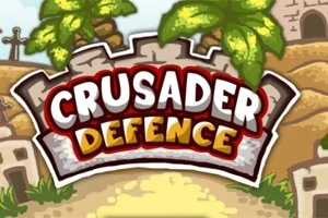Textul Crusader Defence este prezentat pe un fundal cu cetăți și palmieri