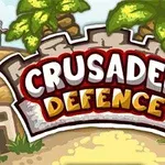 Textul Crusader Defence este prezentat pe un fundal cu cetăți și palmieri