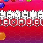 Text alb pe fundal roșu cu hexagoane colorate la margini