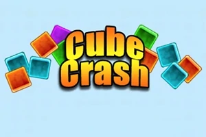 Textul Cube Crash este afișat pe un fundal albastru deschis, înconjurat de blocuri colorate