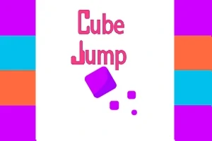 Text roz Cube Jump cu un cub violet și fundal cu dungi colorate în roz, albastru și portocaliu