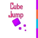 Text roz Cube Jump cu un cub violet și fundal cu dungi colorate în roz, albastru și portocaliu