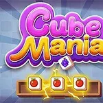 Logo colorat cu textul „Cube Mania” deasupra unei linii cu trei cuburi având iconițe de mere