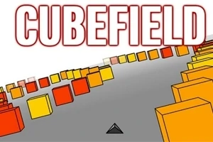 Textul Cubefield deasupra unui drum gri cu cuburi colorate în galben și portocaliu pe lateral și un triunghi negru în mijloc