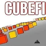 Textul Cubefield deasupra unui drum gri cu cuburi colorate în galben și portocaliu pe lateral și un triunghi negru în mijloc