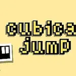 Textul „cubical jump” în stil pixelat pe un fundal galben cu două pătrate alb-negru deasupra și dedesubtul titlului