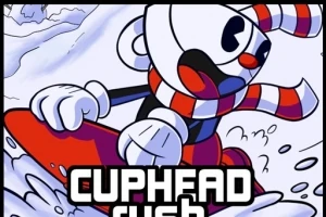 Un personaj animat cu o cană pe post de cap și o eșarfă în dungi roșu-alb-albastru face snowboarding pe o pantă înzăpezită, cu numele CUPHEAD în prim plan