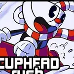 Un personaj animat cu o cană pe post de cap și o eșarfă în dungi roșu-alb-albastru face snowboarding pe o pantă înzăpezită, cu numele CUPHEAD în prim plan