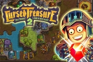 Un personaj animat cu o cască și ochi mari ține un diamant roșu în mână, pe un fundal de hartă stilizată cu textul Cursed Treasure 2 în partea de sus