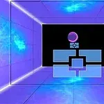 Curve Ball Un tunel futurist iluminat cu lumini albastre și violet, având o structură geometrică centrală luminoasă și un fundal negru