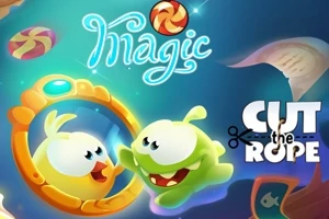 O creatură verde și una galbenă interacționează printr-o oglindă magică, cu elemente de fundal fermecate și bomboane ilustrate în jur