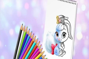 Carnet de schițe cu desenul unui iepuraș drăguț lângă un set de creioane colorate, pe un fundal roz difuz