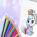 Carnet de schițe cu desenul unui iepuraș drăguț lângă un set de creioane colorate, pe un fundal roz difuz