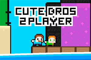 Două personaje pixelate stau pe o platformă lângă un perete colorat în roz cu inscripția CUTE BROS 2 PLAYER