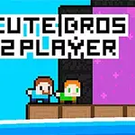 Două personaje pixelate stau pe o platformă lângă un perete colorat în roz cu inscripția CUTE BROS 2 PLAYER