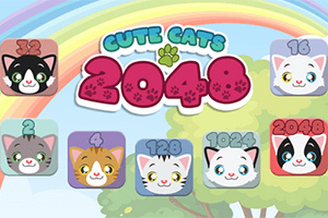 Fundal colorat cu curcubeu, fețe de pisici drăguțe în pătrate colorate și text mare Cute Cats 2048